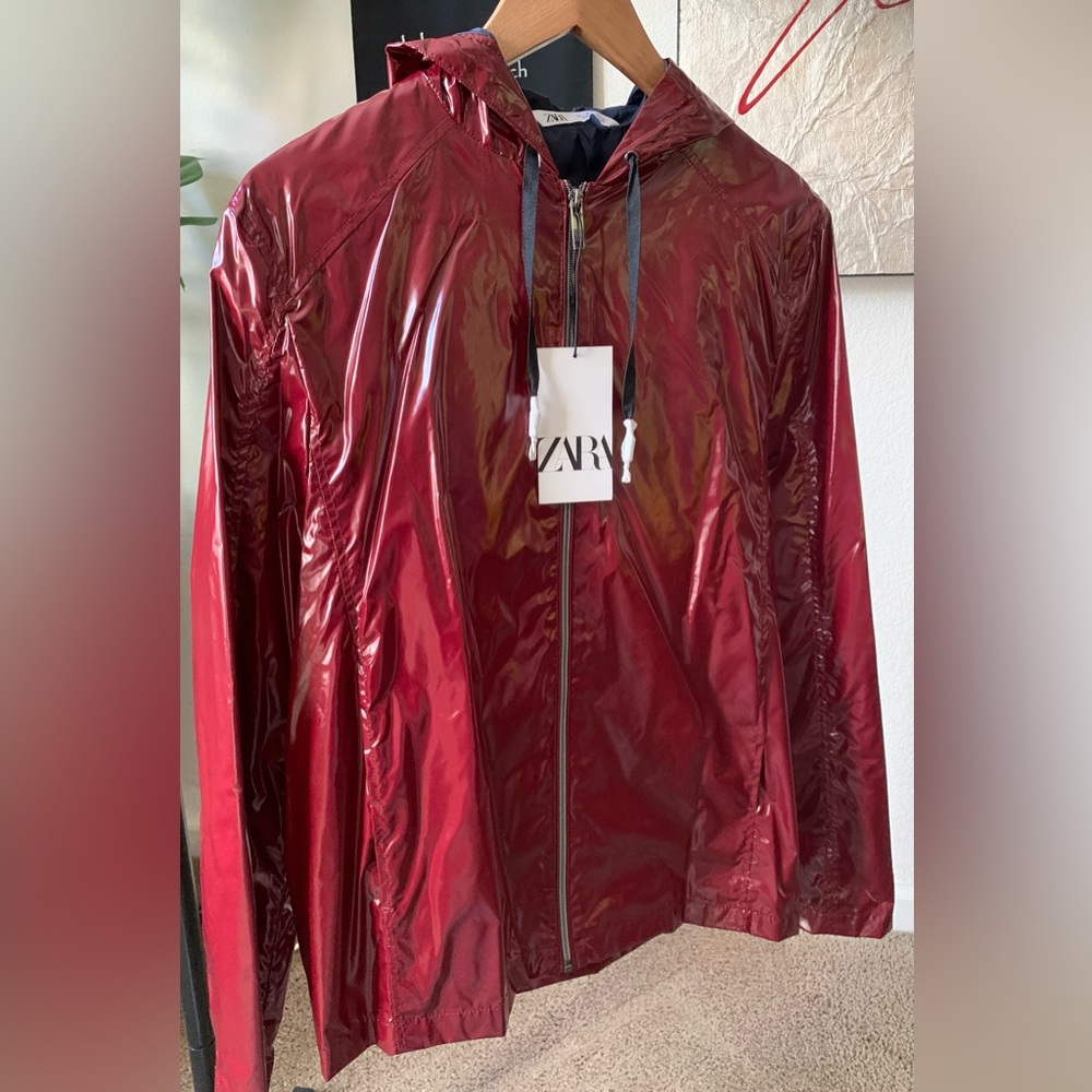 ZARA Men's Glossy Burgundy Windbreaker